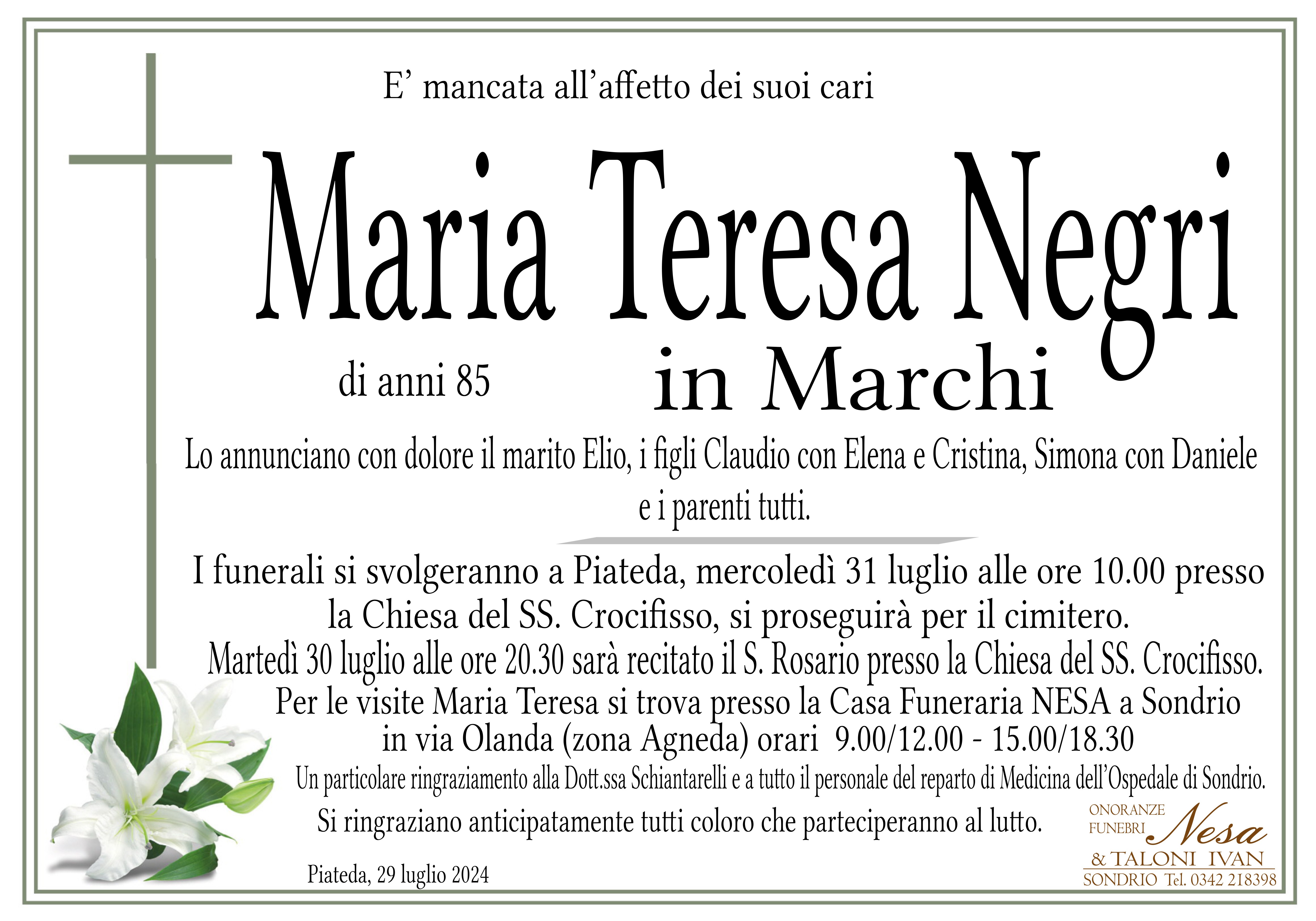 Necrologio Maria Teresa Negri in Marchi